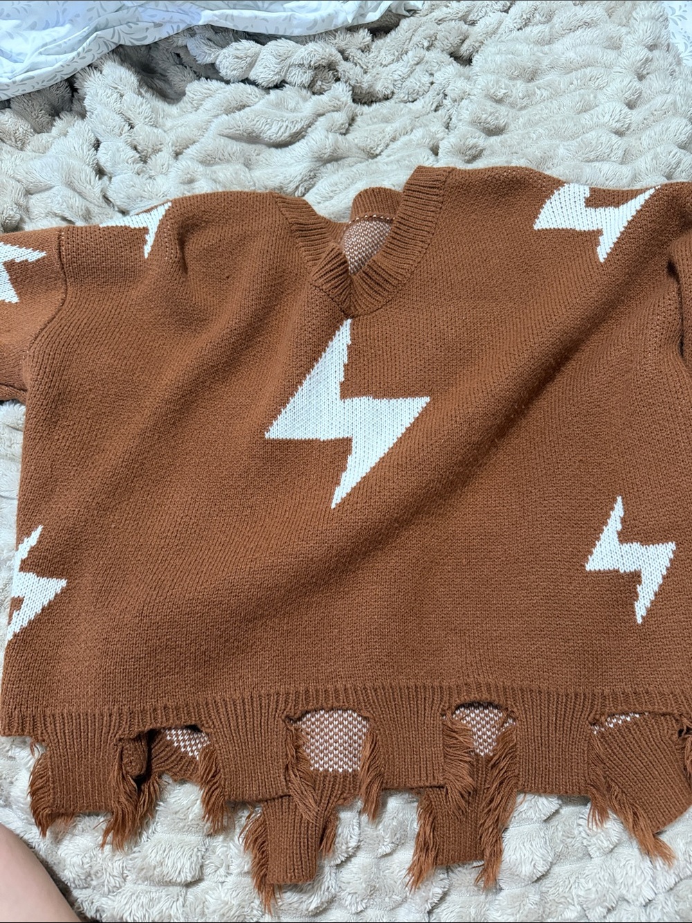Brown Lightning-Pattern V-Neck Sweater